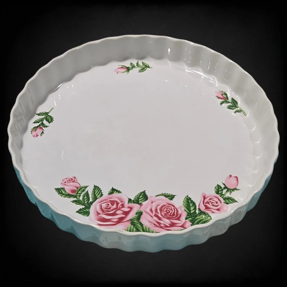 Vintage White Pink Rose Floral Beveled Porcelain 9.5in Quiche Tart 1980s Pie Pan